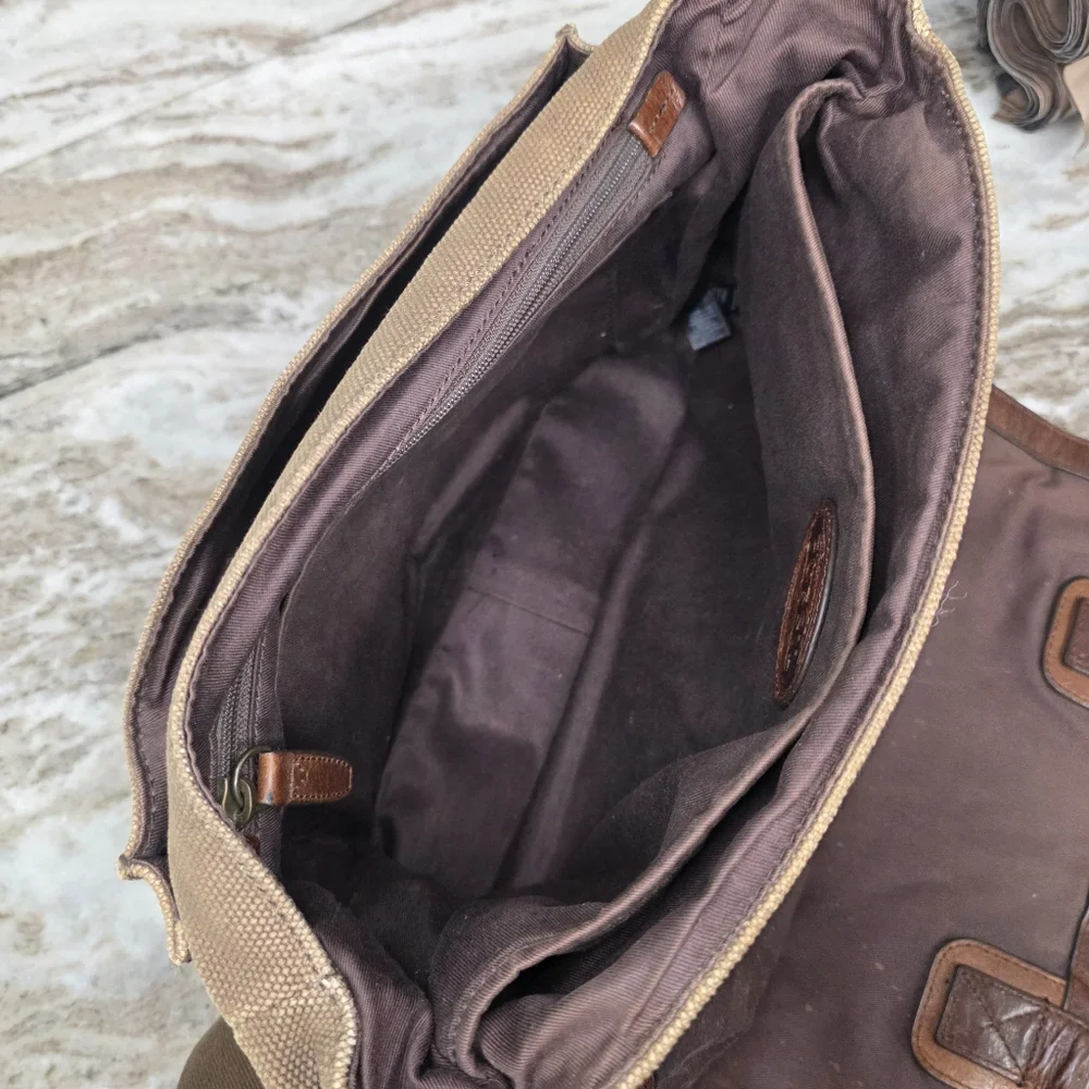 Fossil Brown Leather and Tan Canvas Messenger Bag